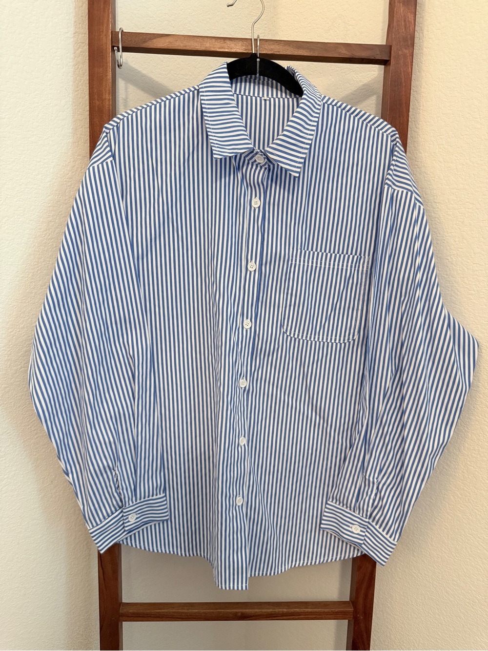 Women's Blue and White Vertical Stripe Button-Down Shirt